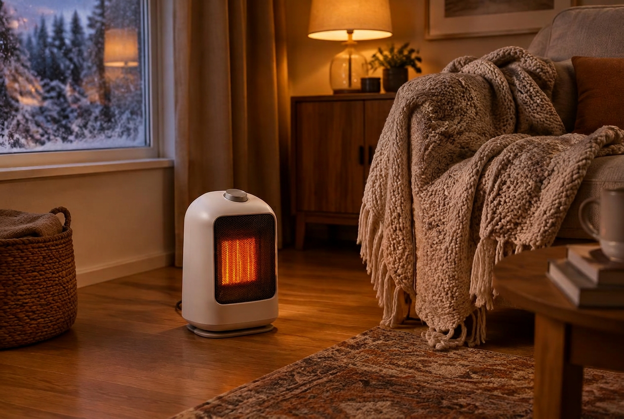 Compact heater warming a cozy living room