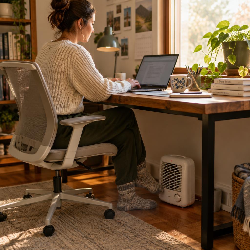 Heater keeping feet warm under a home office desk